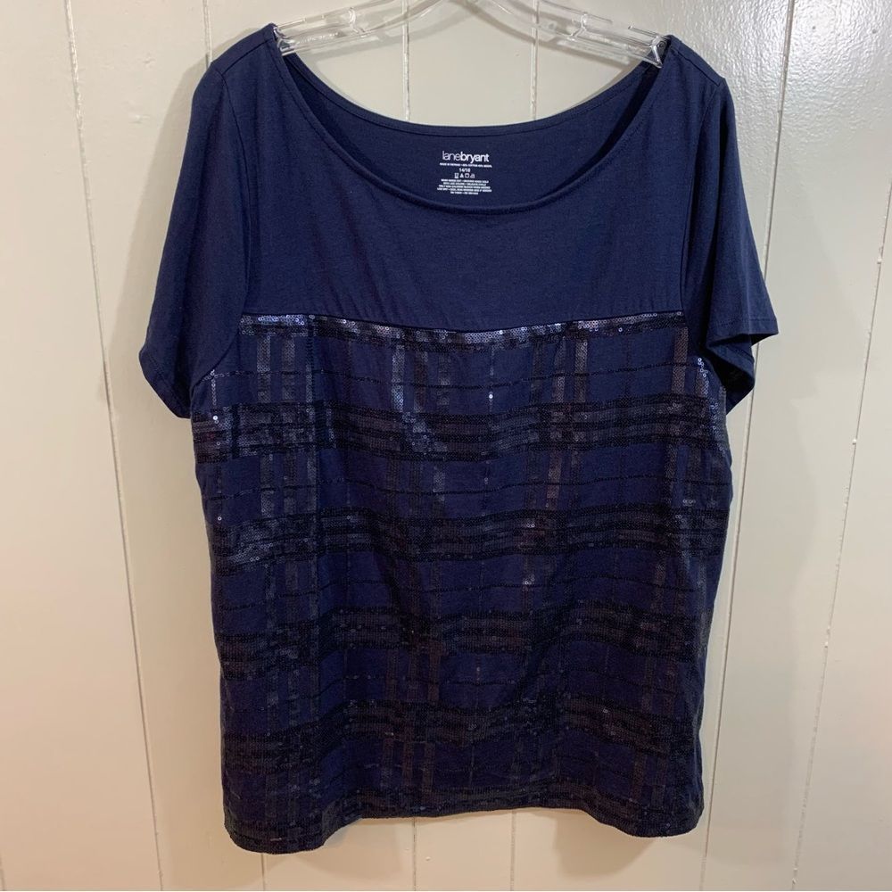 Lane Bryant Navy Blue Plus Sequin Short Sleeve Neutral T-Shirt Top 14 16 NEW